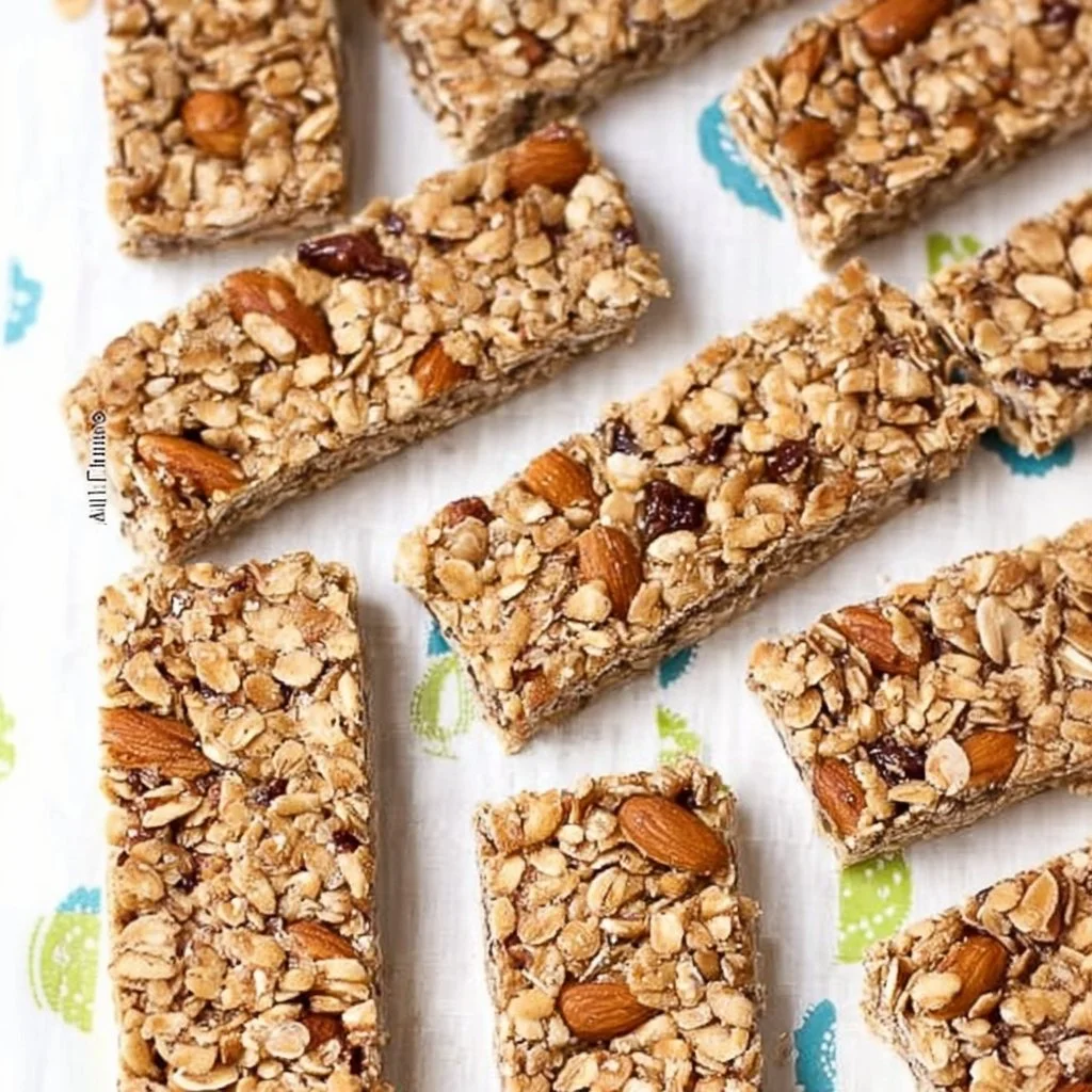 Homemade almond granola bars on a wooden plate with almonds and honey.