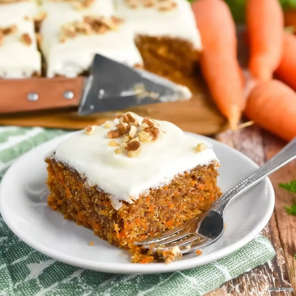 Delicious homemade carrot cake sheet cake topped with cream cheese frosting.