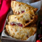 Homemade cherry hand pies on a rustic wooden table, golden and flaky.