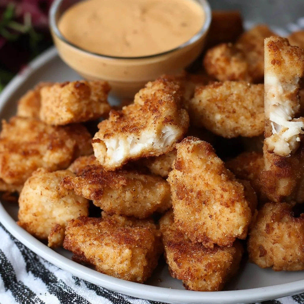 Plate of homemade chicken nuggets served with dipping sauce