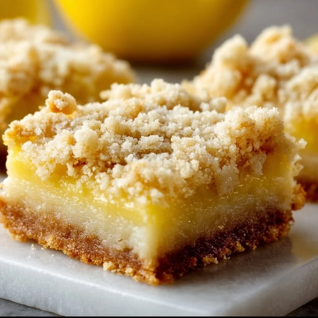 Homemade lemon crumb bars topped with crumbly crust and zesty lemon filling.