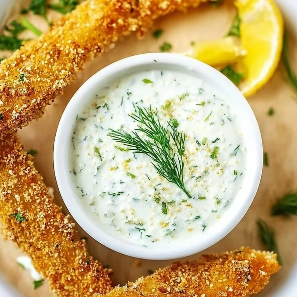 A bowl of homemade tartar sauce with fresh herbs and lemon on a wooden table.