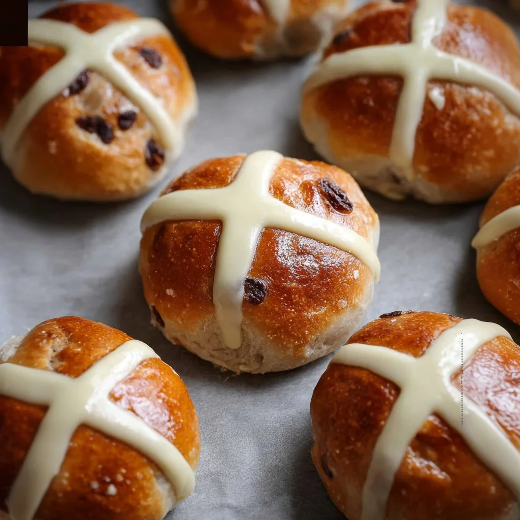 Freshly baked Hot Cross Buns with spices and icing on top, perfect for Easter.
