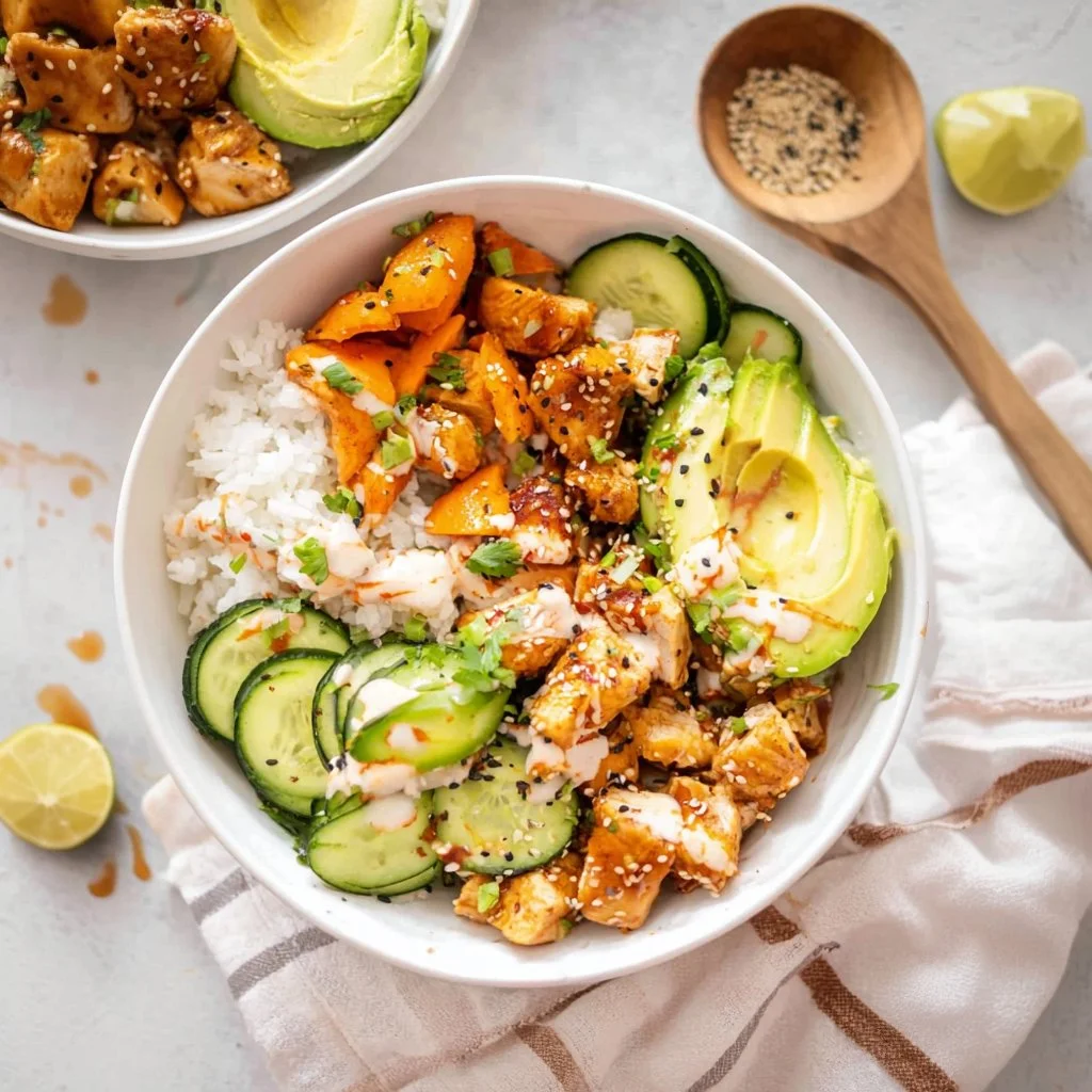 Delicious hot honey chicken bowl garnished with fresh vegetables and herbs