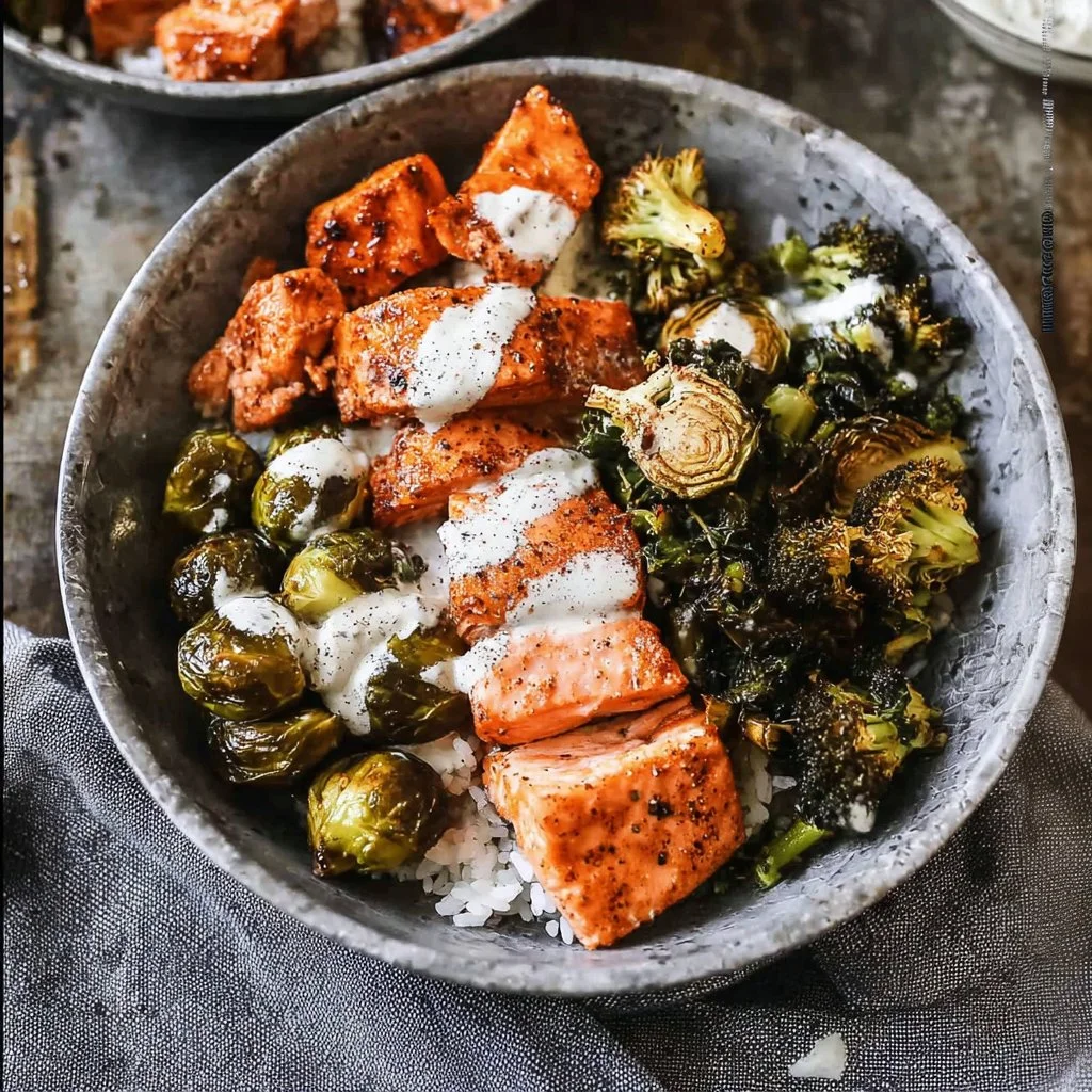 Hot honey salmon bowl garnished with fresh vegetables and spices