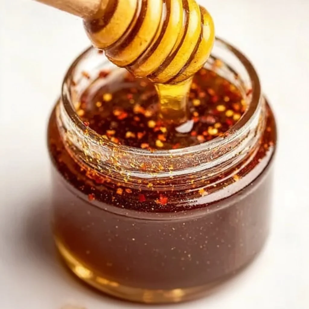 Delicious hot honey sauce drizzled over fried chicken, adding a sweet and spicy kick.