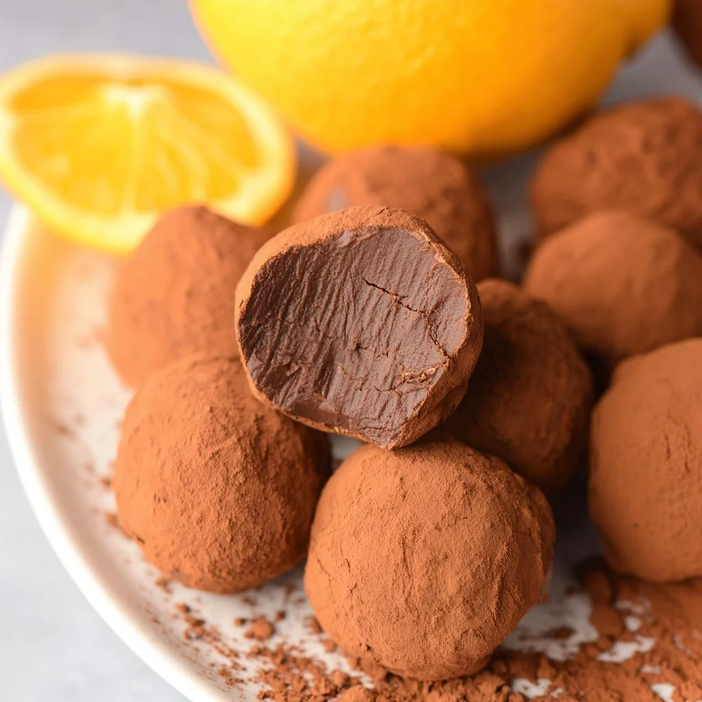 Assorted chocolate orange truffles on a decorative plate