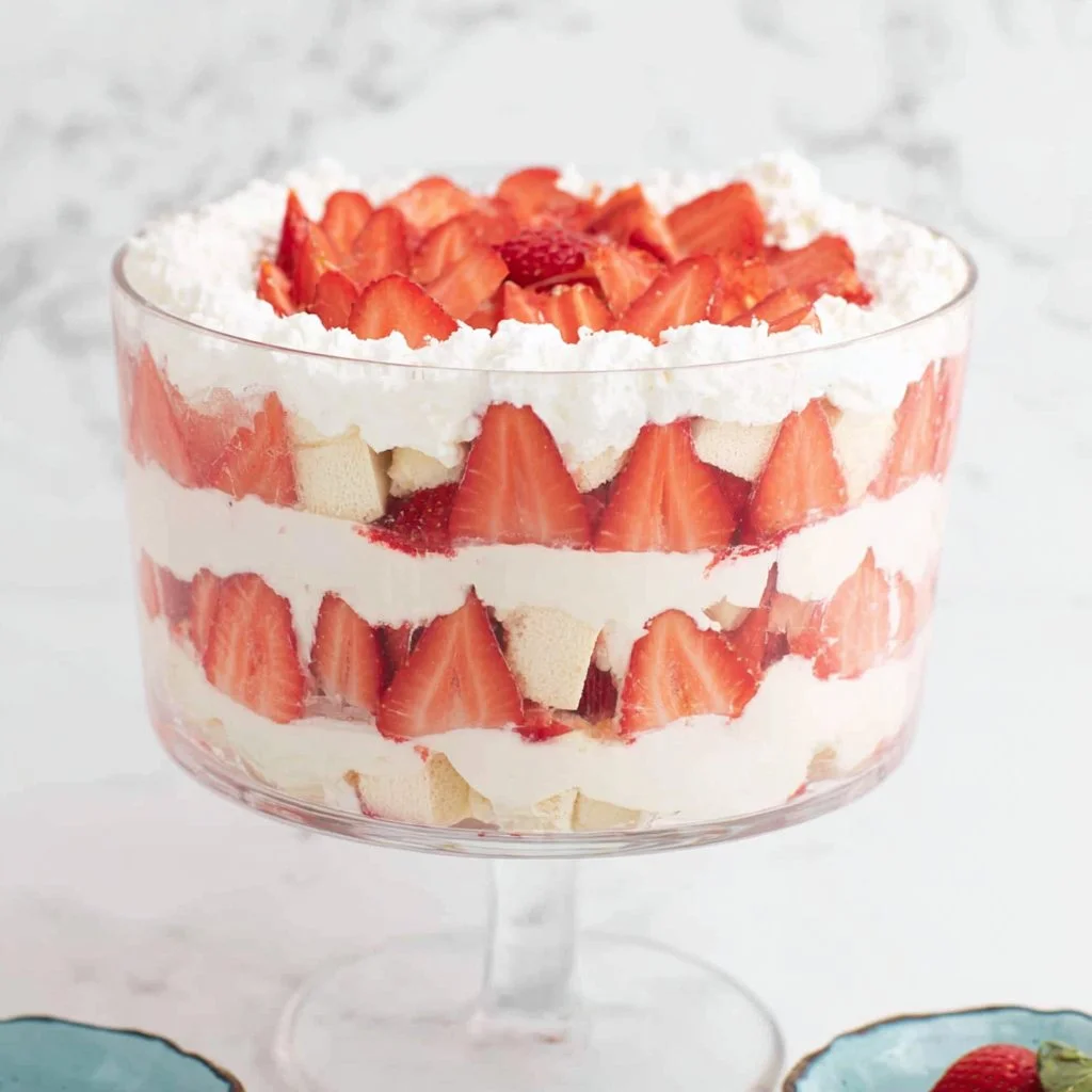 Delicious strawberry trifle with layers of cream and fresh strawberries