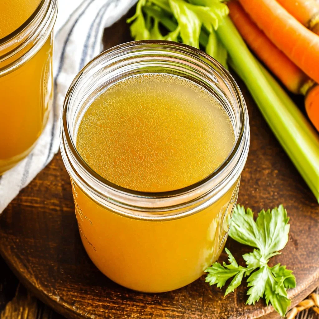 Freshly prepared chicken broth made in an Instant Pot ready for use in recipes.