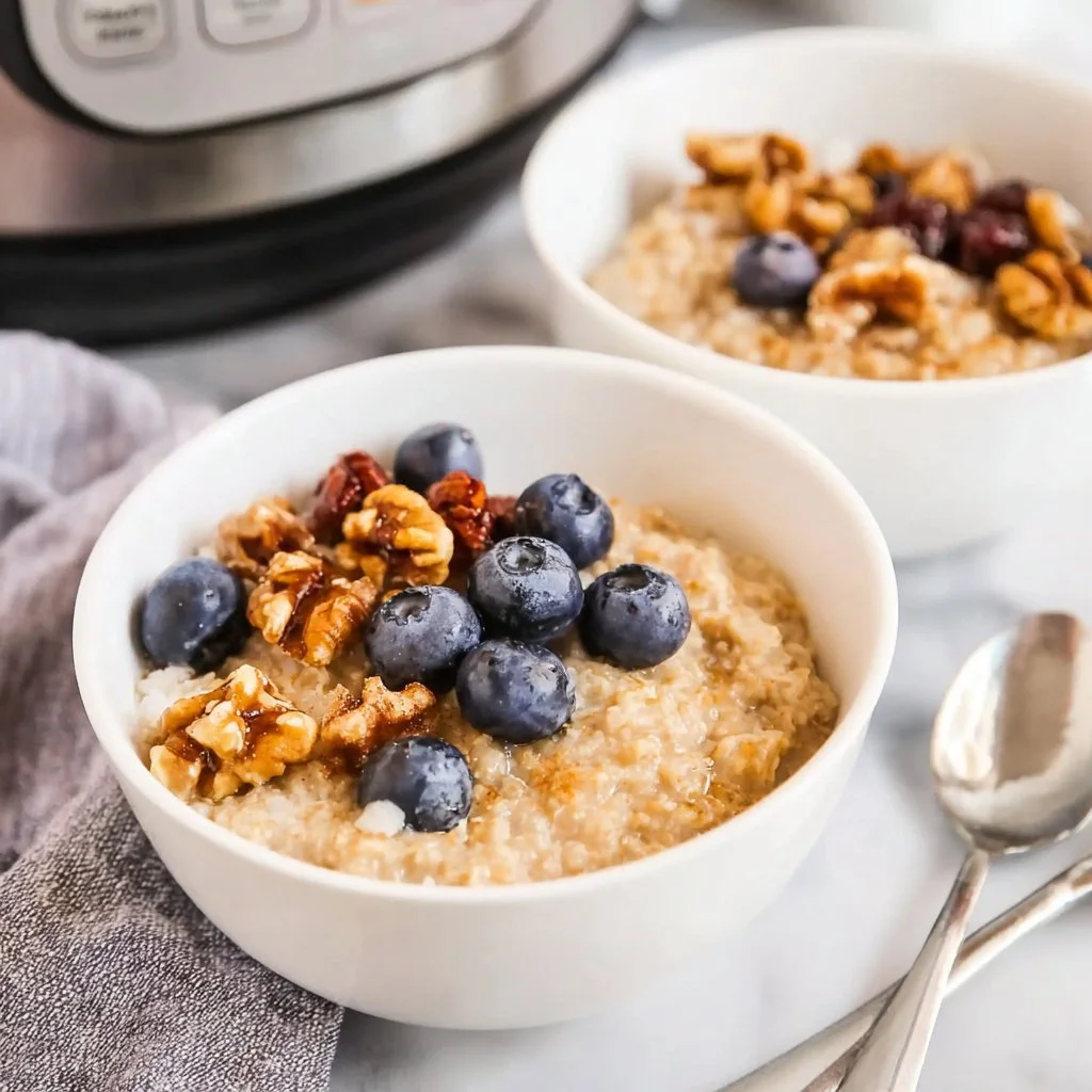 A steaming bowl of Instant Pot Oatmeal topped with fruits and nuts.