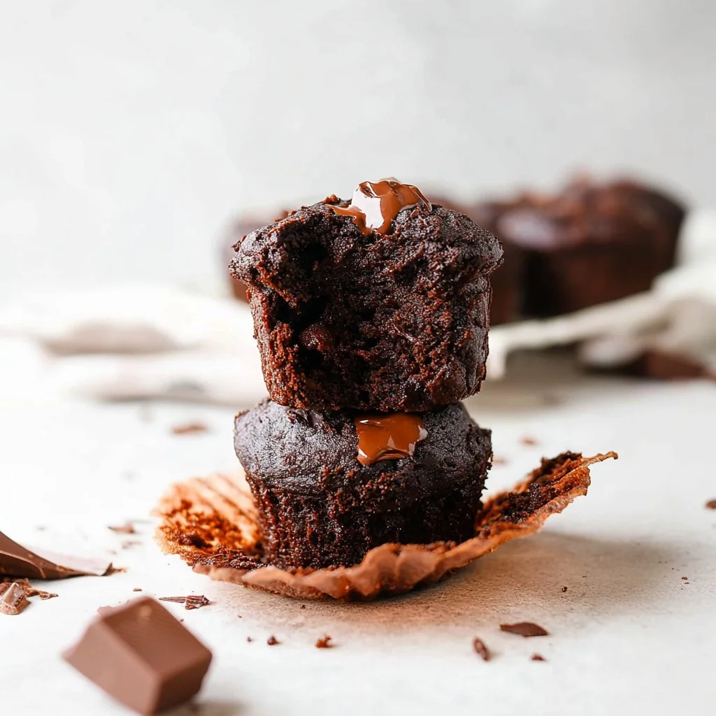 Deliciously moist chocolate muffins topped with chocolate chips, a perfect treat.
