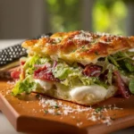 Italian focaccia grinder sandwich with mozzarella and fresh ingredients