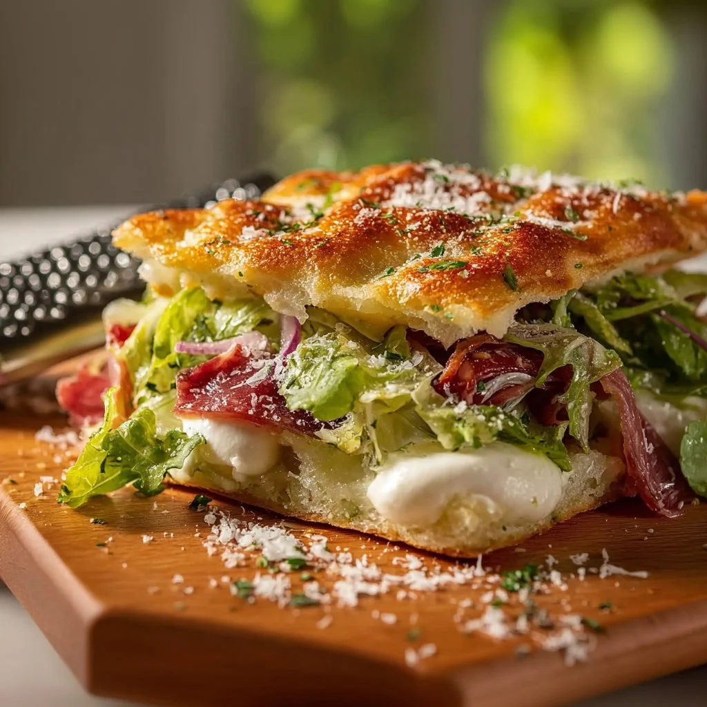 Italian focaccia grinder sandwich with mozzarella and fresh ingredients