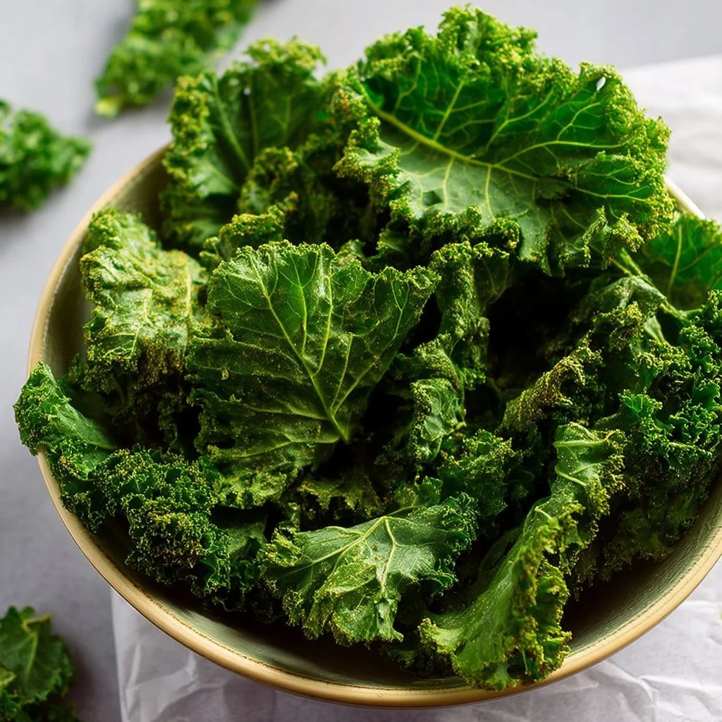 A bowl of crispy, homemade kale chips fresh out of the oven