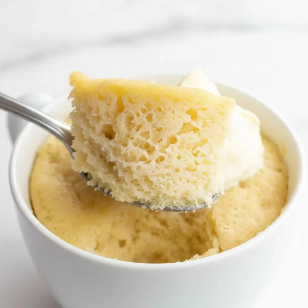 Delicious Keto Vanilla Mug Cake served in a white mug with a spoon
