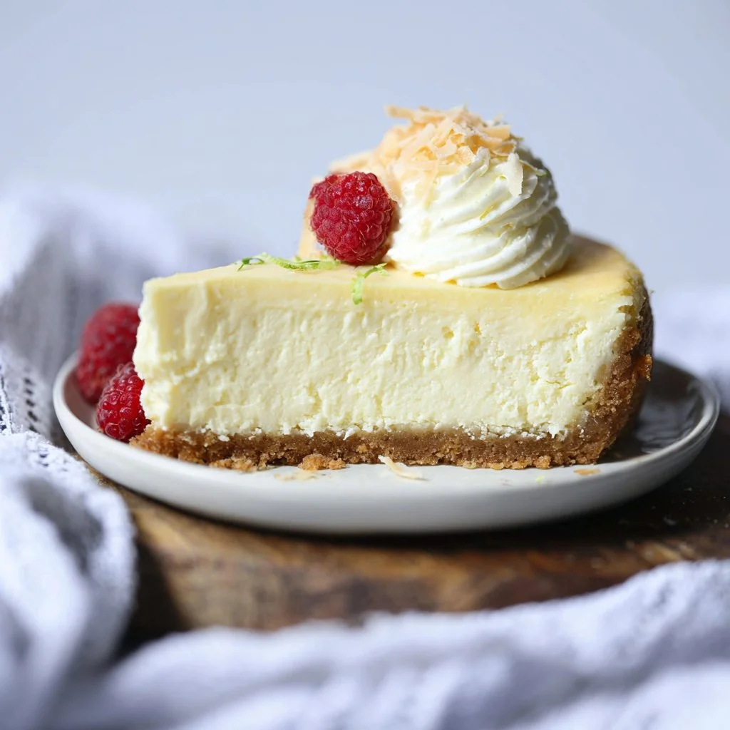 Delicious Key Lime Cheesecake slice with a lime garnish