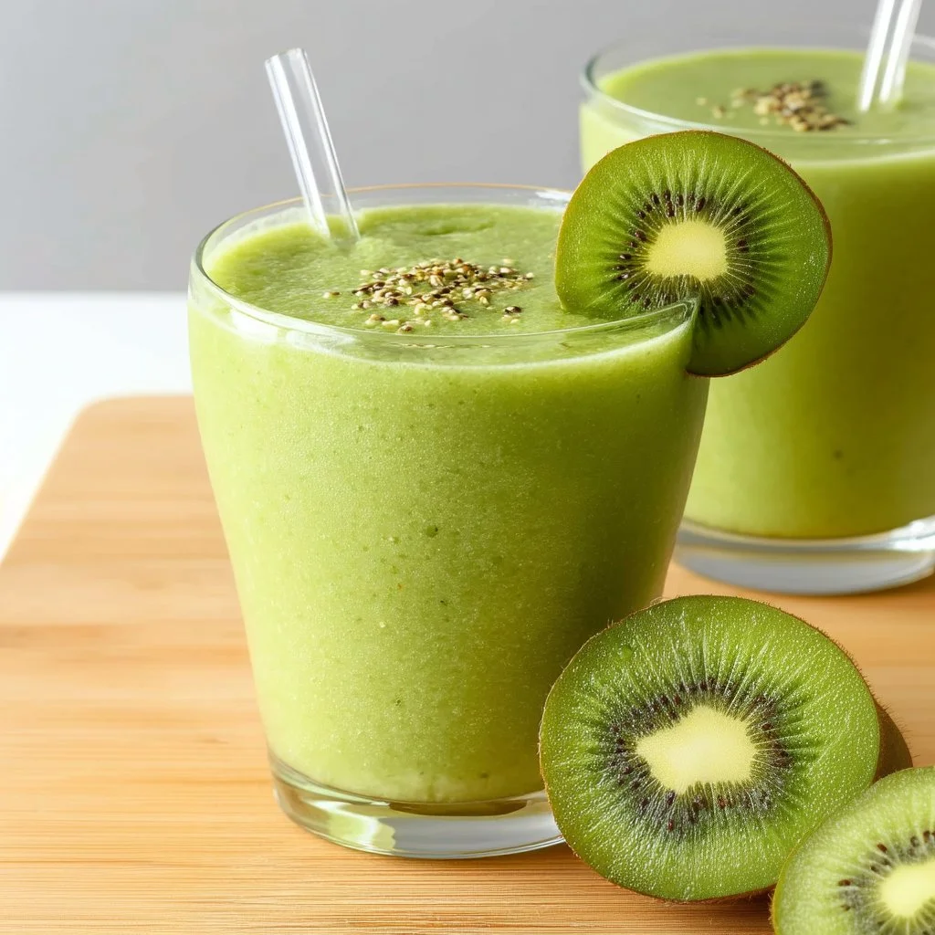 Delicious kiwi smoothie in a glass with fresh kiwi slices on the side