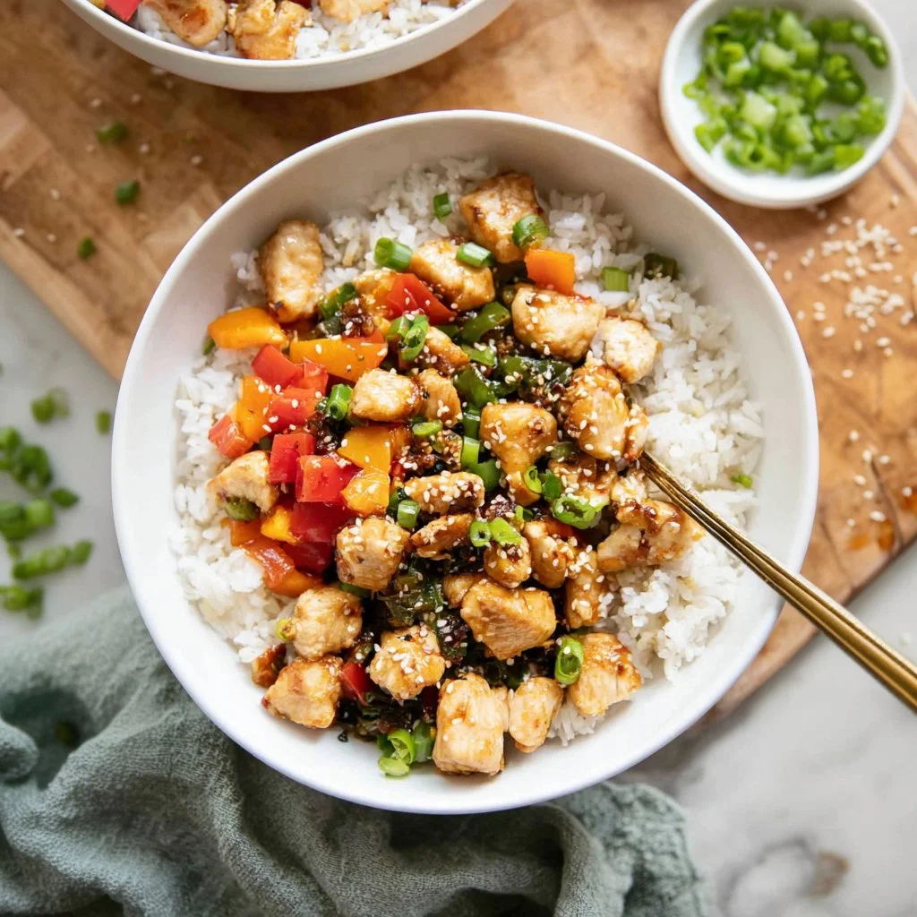 Delicious Kung Pao Chicken bowls served with vegetables and rice