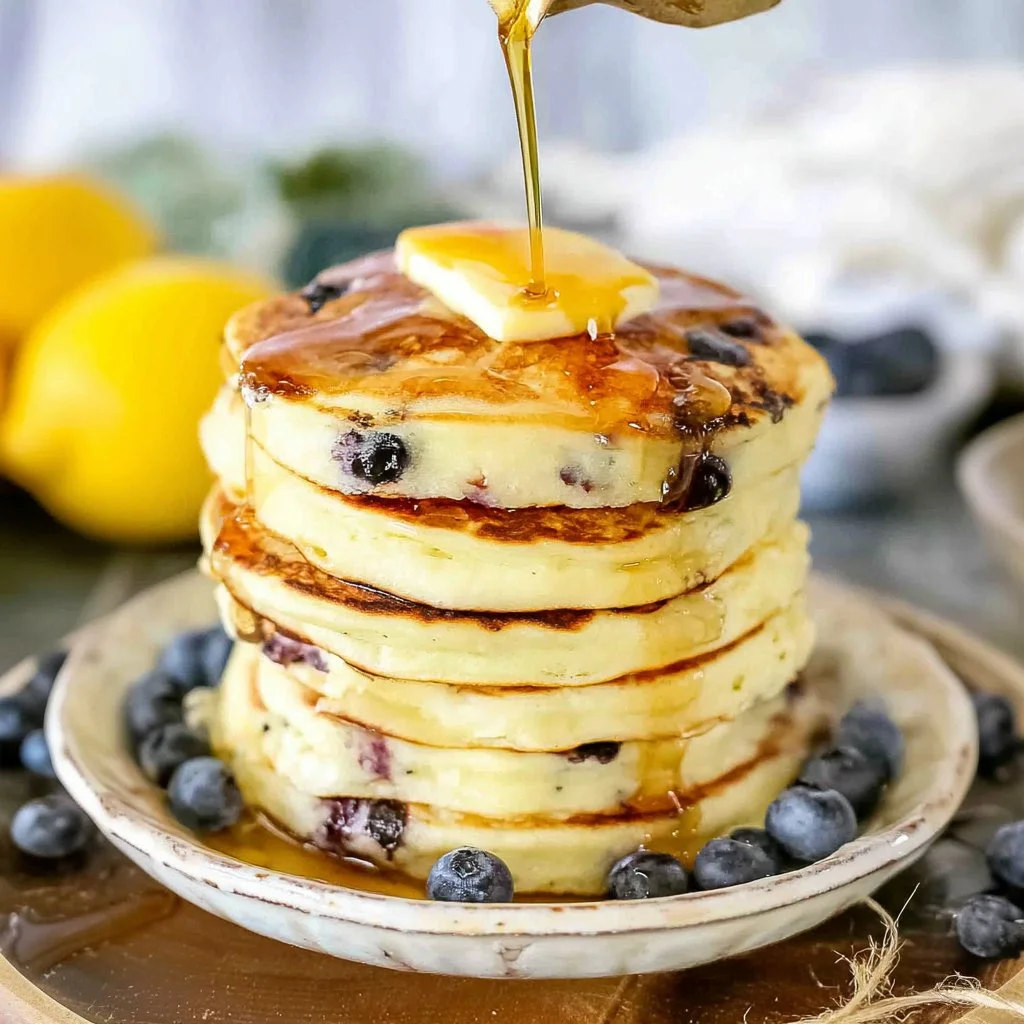 Fluffy lemon blueberry ricotta pancakes drizzled with syrup and topped with blueberries.