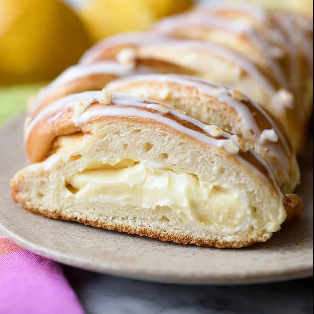 Delicious Lemon Cream Cheese Braid served on a plate with lemon slices.