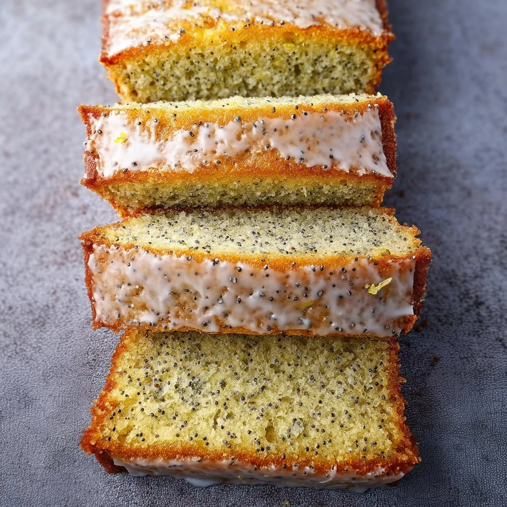 Slice of moist lemon poppy seed cake topped with lemon glaze and poppy seeds