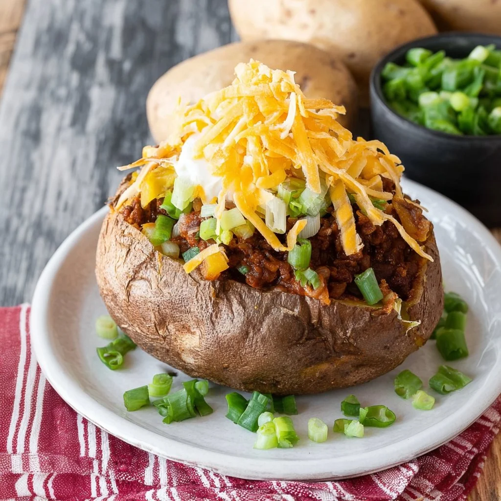 Loaded chili baked potatoes topped with cheese and green onions
