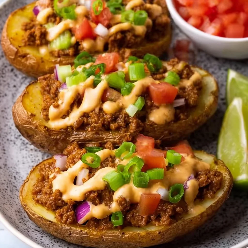 Loaded potato taco bowls topped with fresh ingredients and spices