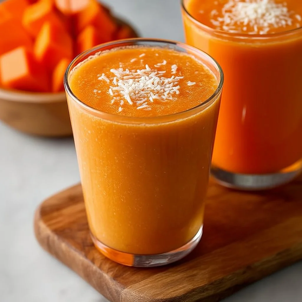 A vibrant Mango Papaya Smoothie in a glass with fresh fruit slices