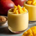 A vibrant mango smoothie in a glass with fresh mango slices and a straw