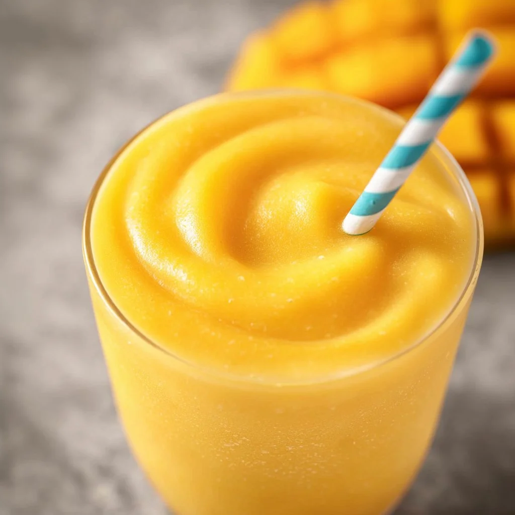 Delicious mango smoothie in a glass with tropical garnishes