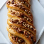Delicious Maple Pecan Plait with nuts and sweet glaze on a rustic table.