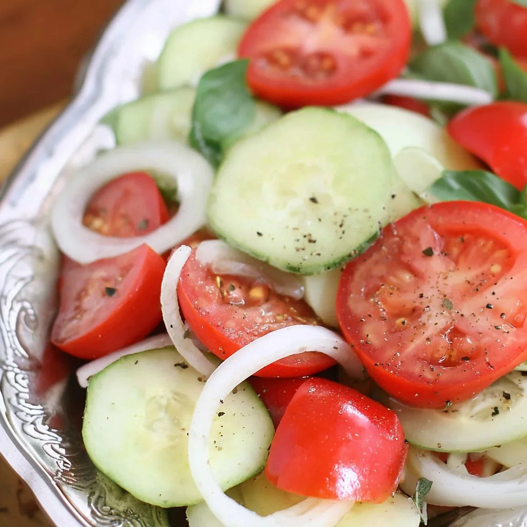 Fresh marinated tomato cucumber salad with vibrant vegetables and herbs