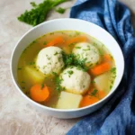 A bowl of warm Matzo Ball Soup garnished with fresh herbs.