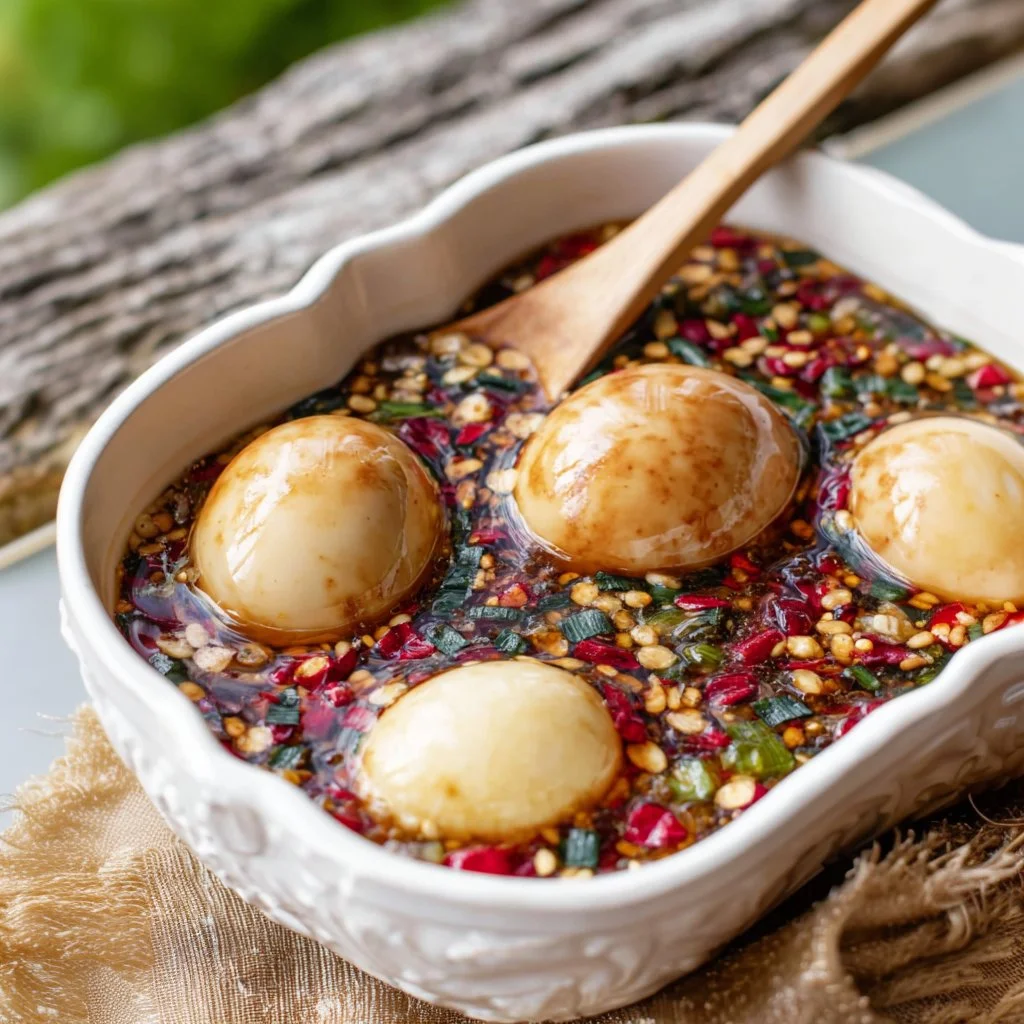Delicious Mayak Eggs, Korean marinated eggs, served in a bowl with garnishes
