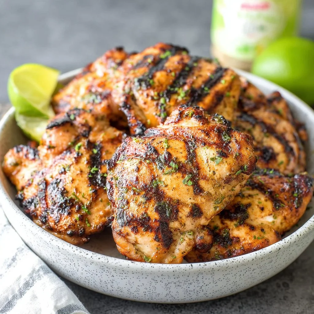 Mayo marinated grilled chicken thighs served on a plate
