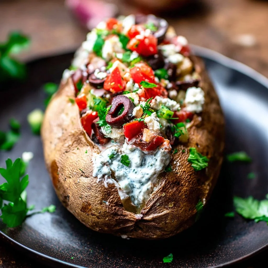 Mediterranean loaded baked potato topped with fresh herbs and toppings