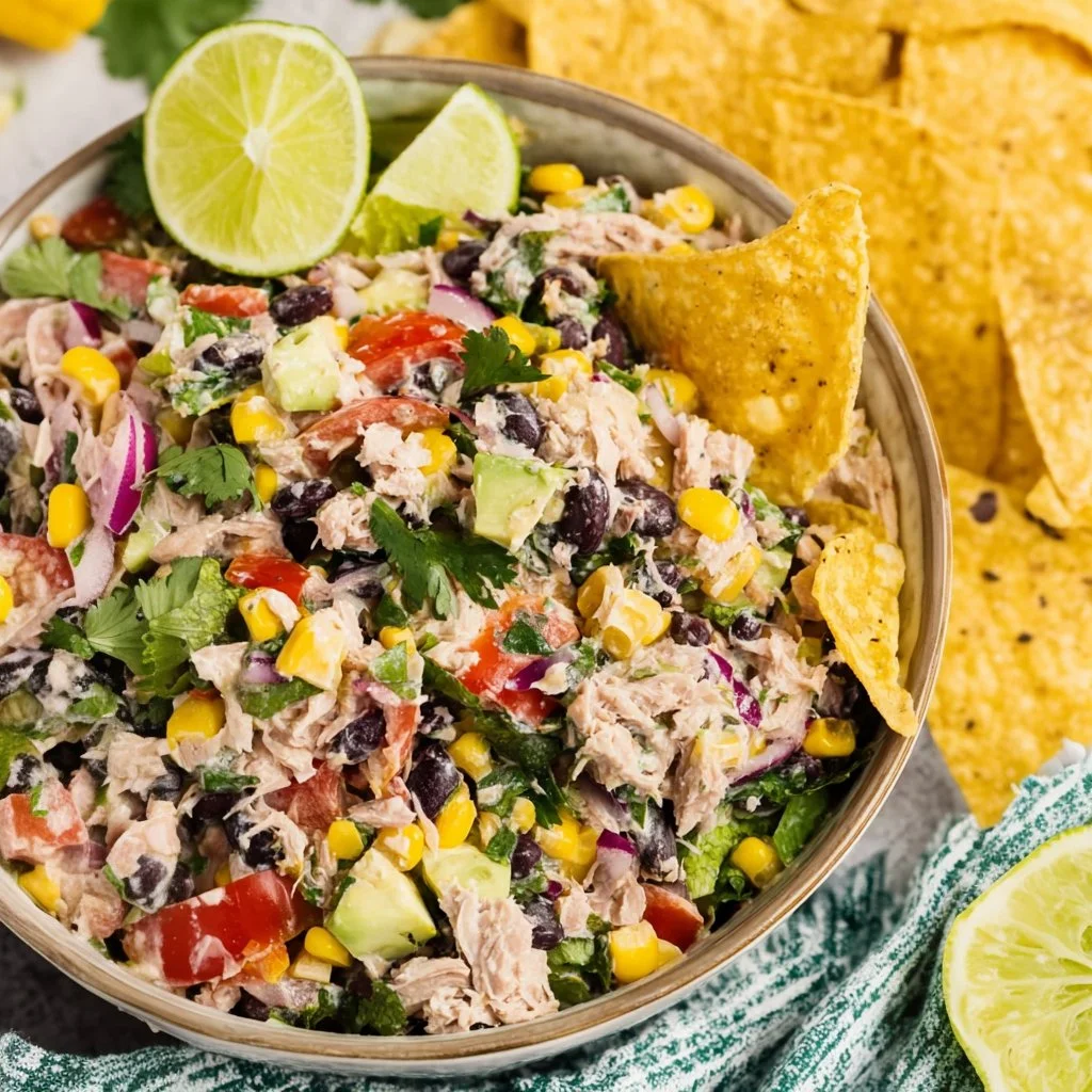 A colorful bowl of Mexican Tuna Salad with fresh vegetables and spices