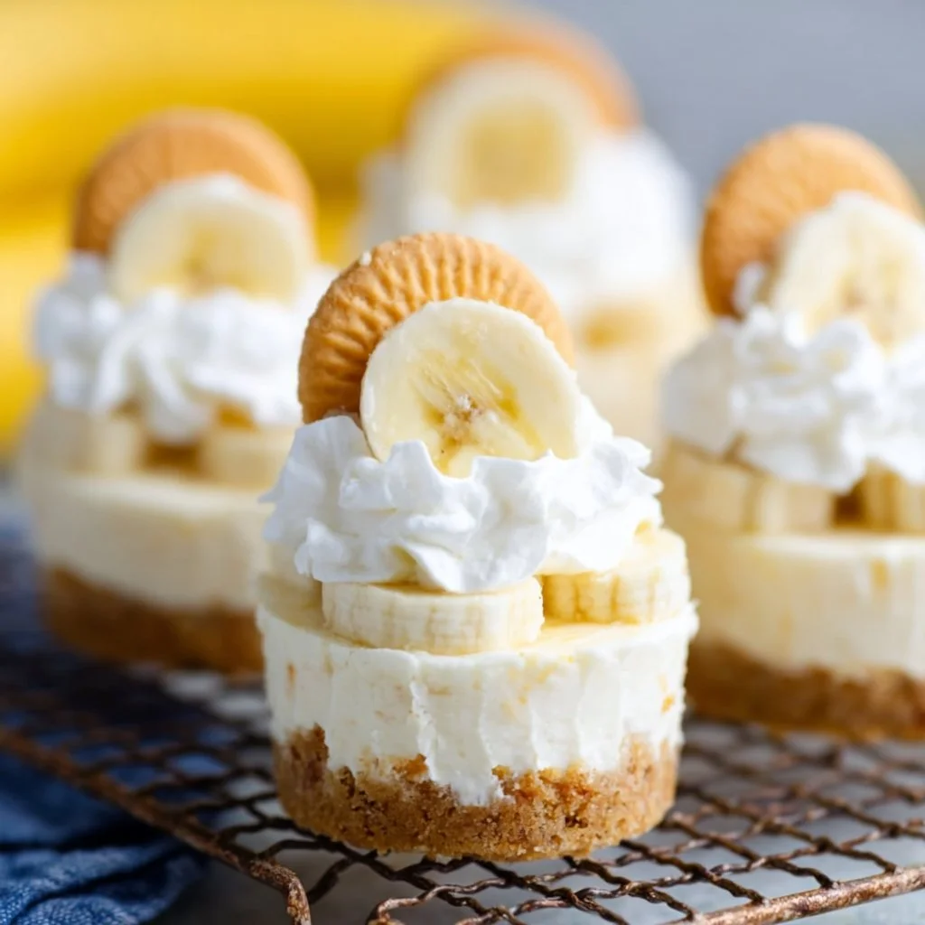 Mini banana pudding cheesecakes topped with whipped cream and banana slices