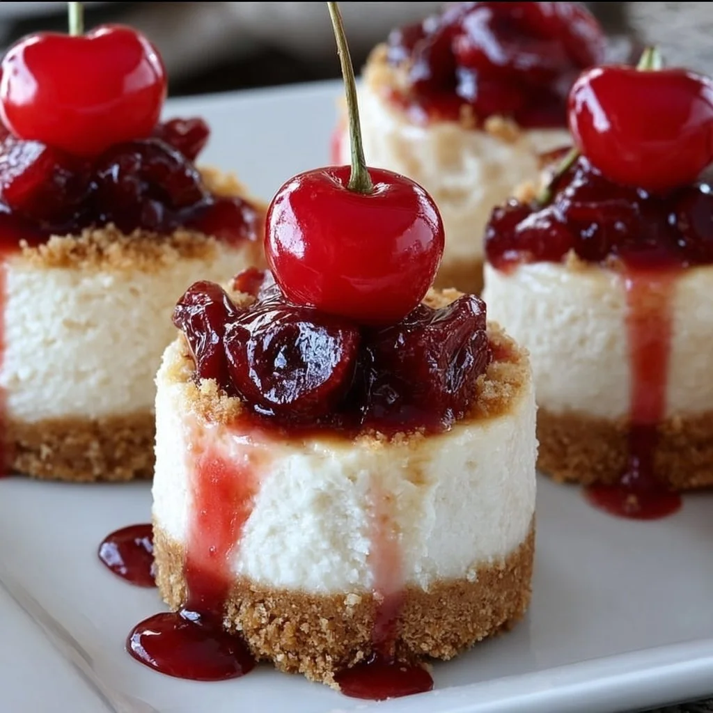 Delicious mini cherry cheesecake topped with fresh cherries