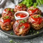 Mini meatloaf muffins baked in a muffin tin, served on a plate.