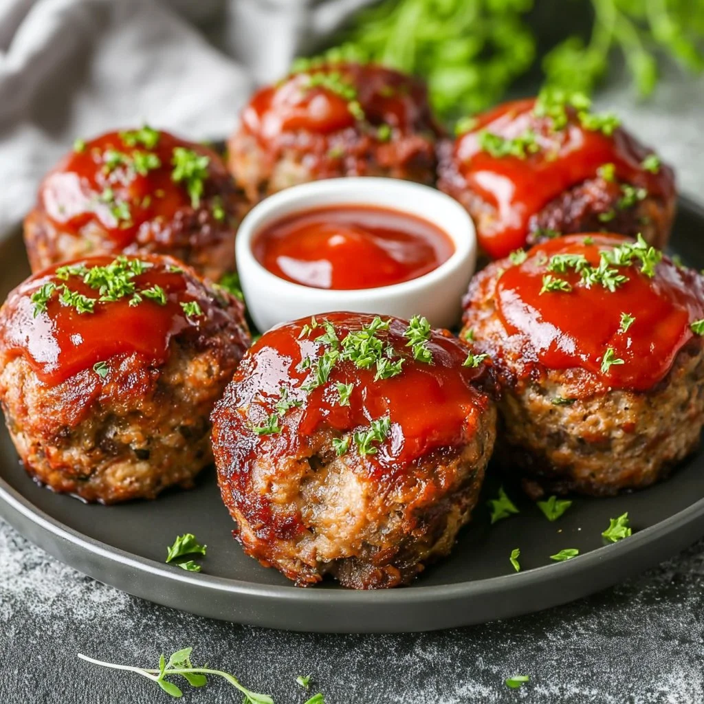 Mini meatloaf muffins baked in a muffin tin, served on a plate.