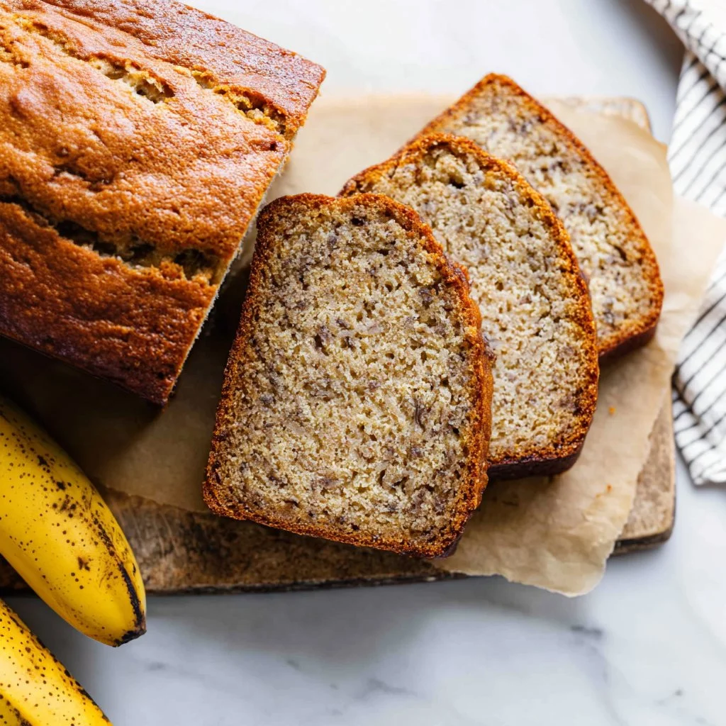 Moist sour cream banana bread with sliced bananas and a cozy kitchen backdrop.