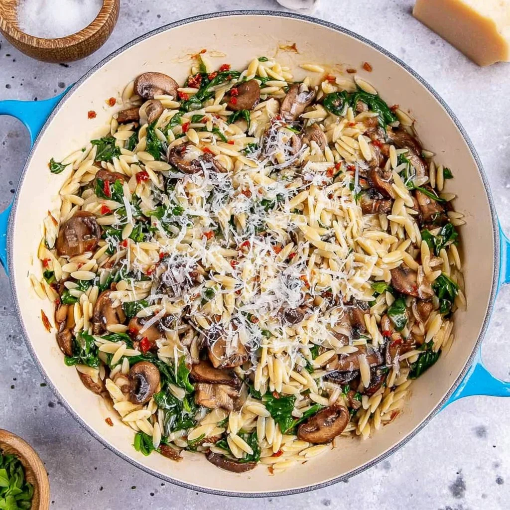 Delicious Mushroom Spinach Orzo served in a bowl with fresh ingredients