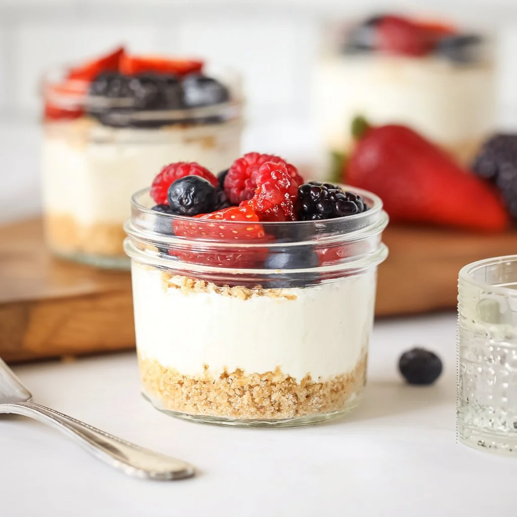 No-bake cheesecake Greek yogurt cups with fruit toppings and a graham cracker crust.