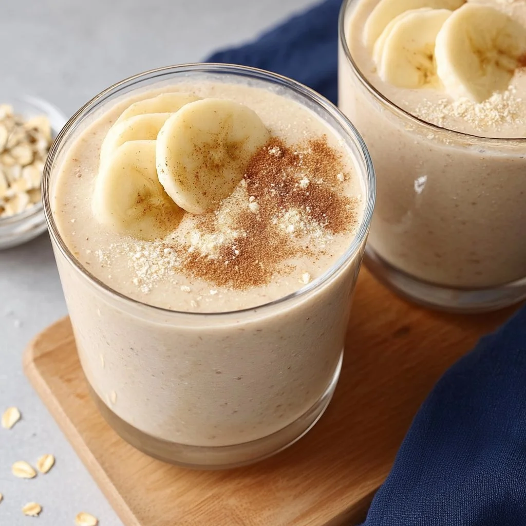 A refreshing oatmeal smoothie in a glass topped with fruits and seeds.