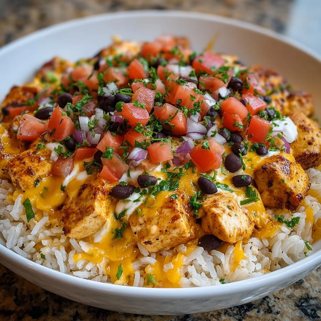 One-Pot Cheesy Southwest Chicken & Rice dish served in a colorful bowl.