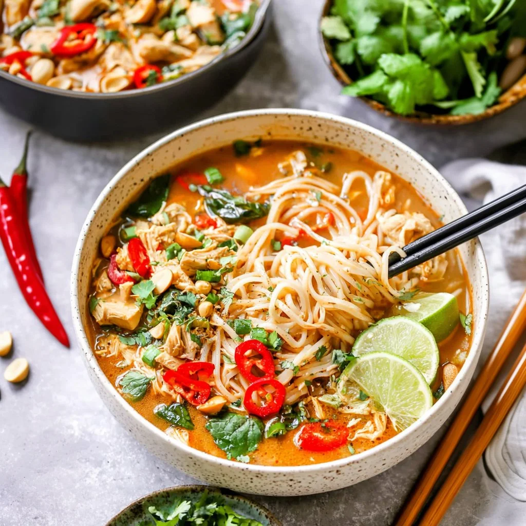 One Pot Thai Chicken Noodle Soup in a bowl, garnished with herbs.