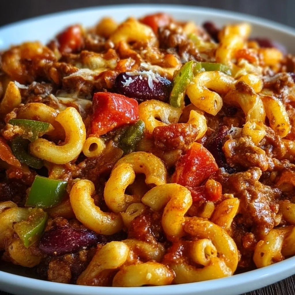 One Pot Vegetarian Chili Mac served in a bowl with toppings