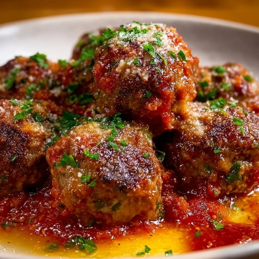 Oven-baked Italian meatballs served in a rich tomato sauce