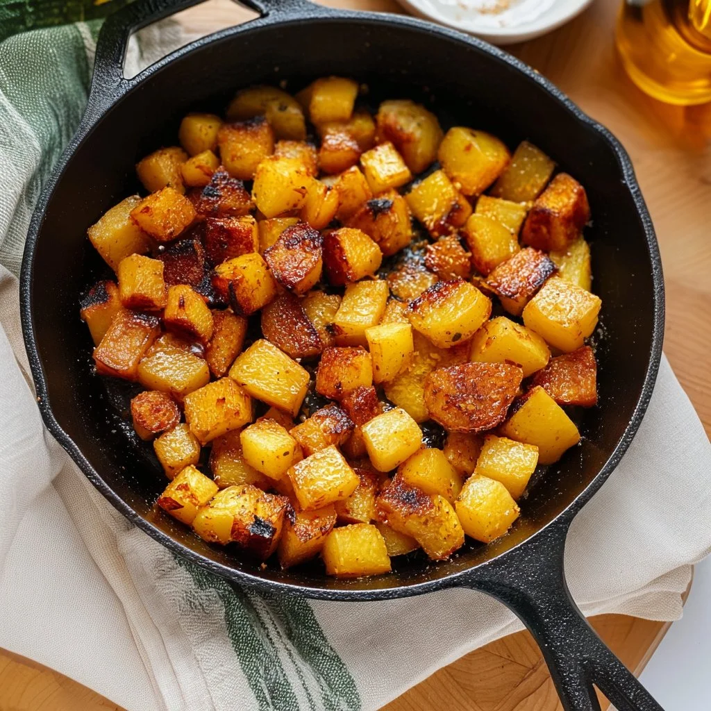 Pan fried potatoes cooked to crispy golden perfection in a skillet